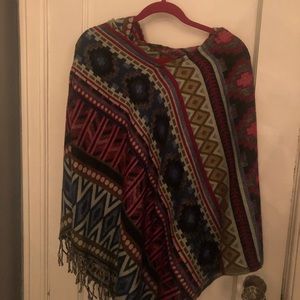 Colorful Aztec Print Poncho with Hood